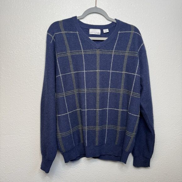 Mens American Blue Pure Cashmere Sweater Sz L Argyle Blue - Picture 1 of 3